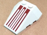 White LEGO 4x4 wedge triple brick with stud notches and a dark red six-pinstripe pattern on the top surface.