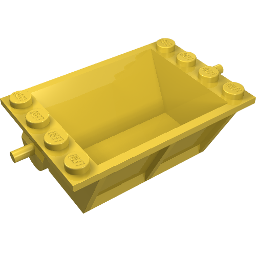 Yellow LEGO 818 Vehicle Tipper Bucket 2 x 4 with studs and a side pin, shown from an angled perspective.