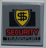 LEGO 3068pb0443 grey 2x2 tile with 'SECURITY TRANSPORT' sticker, showing a black briefcase and a yellow dollar sign shield.