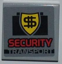 LEGO 3068pb0443 grey 2x2 tile with 'SECURITY TRANSPORT' sticker, showing a black briefcase and a yellow dollar sign shield.