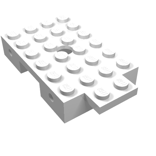 White LEGO 824 Train Base 4x7 with wheel holder, showing top studs, a central circular cutout, and side holes.