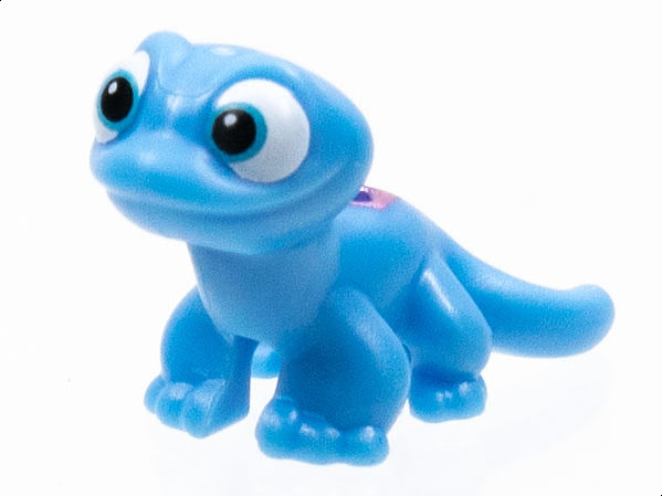 A blue LEGO salamander/gecko figure with big medium azure eyes and a metallic pink diamonds pattern on its back.