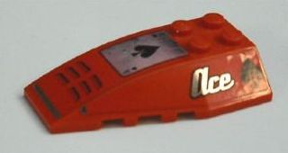 Red LEGO 43712 wedge 6 x 4 triple curved with Ace of Spades sticker on top and 'Ace' sticker on the side.