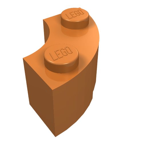 Orange LEGO 85080 Round Corner 2x2 Macaroni brick with two studs on top, each embossed with 'LEGO'.