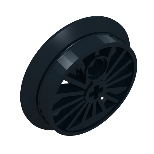 Dark grey LEGO train wheel 85489a, spoked design with Technic axle hole and counterweight, 30mm diameter.