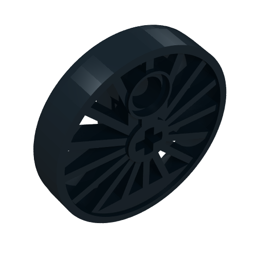 Dark LEGO Train Wheel RC (85489b), spoked, with Technic axle hole, counterweight, and flange.