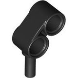 Black LEGO Technic Liftarm, Modified Bar Angled 1 x 2, featuring two circular connectors and a pin on the bottom, part 85940.