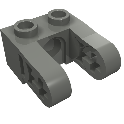 Dark gray LEGO Technic 1x2 brick with two studs, a pinhole, and dual curved liftarm extensions.