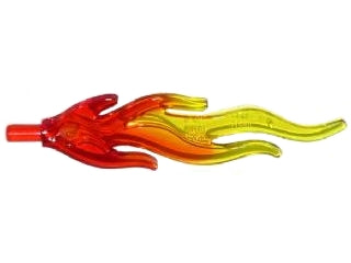 Trans-red and trans-yellow marbled LEGO flame piece, long and wavy with a bar end.