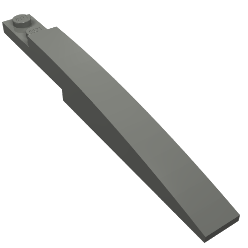 Dark grey LEGO Slope, Curved 10 x 1 part (85970) with a single stud at one end, seen from an angle.