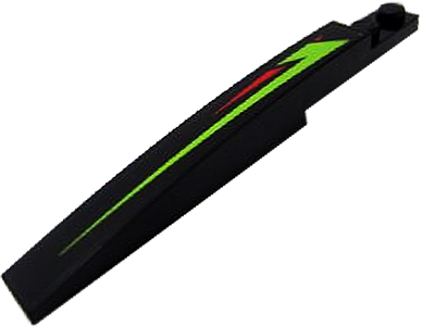 Black LEGO curved slope 10x1 with lime green and red lightning bolt pattern. Features a stud on one end.