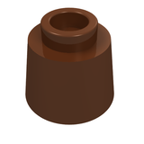Brown LEGO Fez cone part 85975, 1 1/6 x 1 1/6 x 2/3. Dark brown conical brick with a top stud.