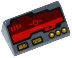 LEGO gray 1x2x2/3 slope brick with a dark red horizon screen pattern and gold switches and buttons.