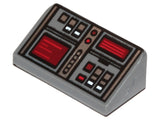 Grey LEGO slope 1x2x2/3 brick with a printed control panel featuring dark red screens, red, white, and silver buttons.