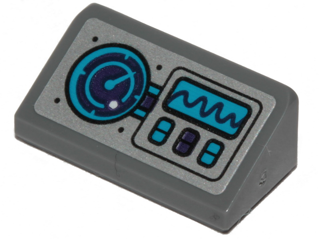 Dark gray LEGO Slope 30 1x2x2/3 brick with dark azure and dark purple sonar, graph, and buttons control panel pattern.