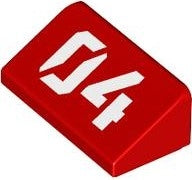 Red LEGO Slope 30 1 x 2 x 2/3 brick, part 85984pb425, with a white '04' pattern.