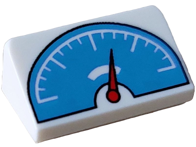 LEGO 85984pb426 white slope brick with dark azure weight scale and red pointer pattern.