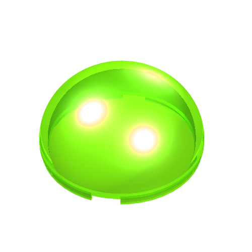 A bright green, glossy LEGO Cylinder Hemisphere 4 x 4 part, showing its curved, open design with two white reflections.
