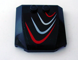Black LEGO 4x4x2/3 triple curved wedge piece with red and bluish silver curved lines pattern.
