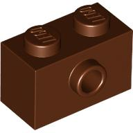 Dark brown LEGO 86876 modified 1x2 brick with two studs on top and a stud on one side.