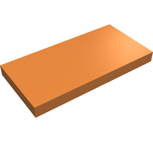 An orange LEGO 87079 Tile 2x4, a smooth, flat, rectangular building brick.