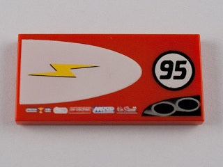 Red LEGO Tile 2x4 (87079pb0029L) with yellow lightning bolt in white ellipse, '95' number, and car details.