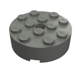 A grey LEGO 87081 Round 4x4 brick with 12 studs on top and a central hole.