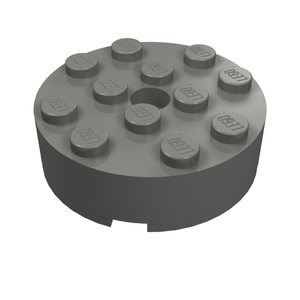 A grey LEGO 87081 Round 4x4 brick with 12 studs on top and a central hole.