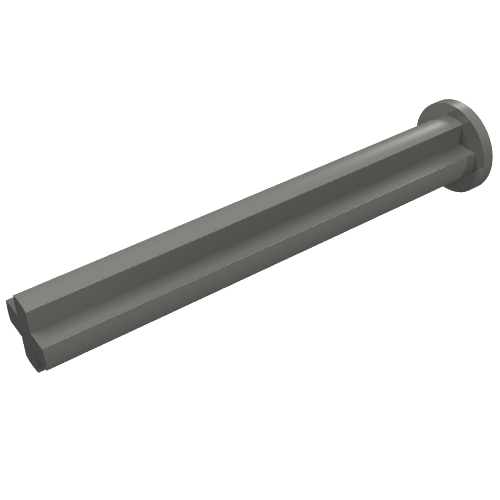 Gray LEGO Technic Axle 4L with Stop, featuring a cross-shaped profile along its length and a round flange at one end.