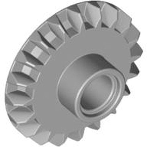 Light bluish gray LEGO Technic 20 tooth bevel gear with pin hole, viewed from an angle.
