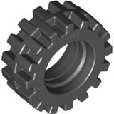 LEGO 87414 tire, 15mm D. x 6mm, dark gray with small offset tread and a smooth band around the center.