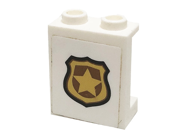 White LEGO panel 1x2x2 with side supports and hollow studs featuring a gold police badge sticker.