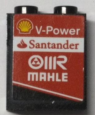 Black LEGO 1x2x2 panel brick with hollow studs, featuring a red sticker with Shell V-Power, Santander, and MAHLE logos.