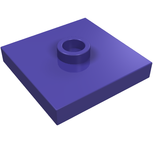 A purple LEGO 87580 Plate, Modified 2 x 2 with Groove and 1 Stud in Center (Jumper).