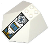 White LEGO 6x6x2 canopy piece with four studs and a detailed engine and valve sticker pattern on its sloped side.