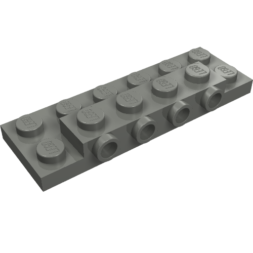 Gray LEGO 87609 modified 2x6 plate, 2/3 height, with four studs extending from its side.