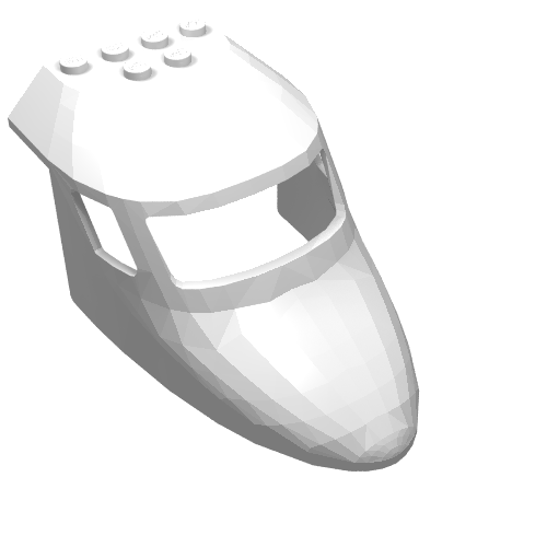 White LEGO 87613 aircraft fuselage front top piece, curved 6x10x4, with 3 window openings and 6 studs on top.