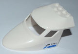 White LEGO 87613pb006 aircraft fuselage forward top part, curved, with 3 window panes, blue line and 'JM 3181' pattern.