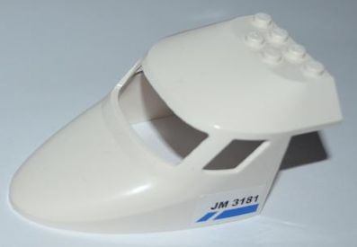 White LEGO 87613pb006 aircraft fuselage forward top part, curved, with 3 window panes, blue line and 'JM 3181' pattern.