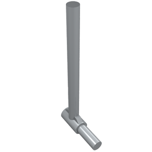 A grey LEGO 87618 Bar 5L with Handle (Friction Ram) part, shown standing upright with the handle extended.