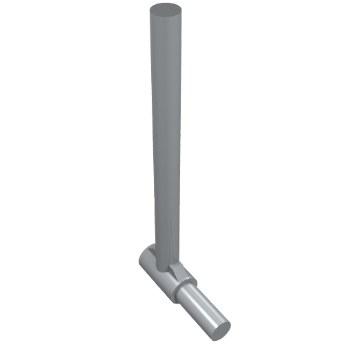 A grey LEGO 87618 Bar 5L with Handle (Friction Ram) part, shown standing upright with the handle extended.