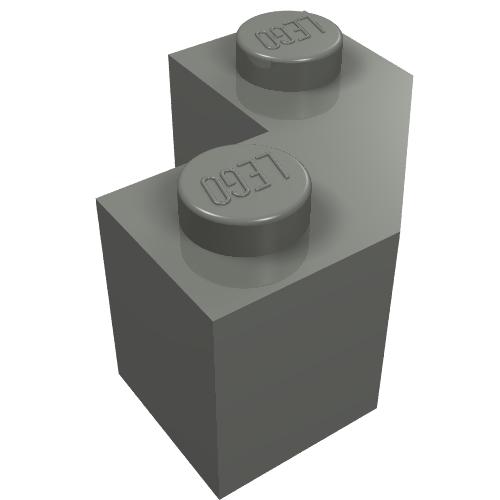 Grey LEGO 87620 modified facet 2x2 brick. It's an L-shaped piece with two studs, each embossed with the LEGO logo.