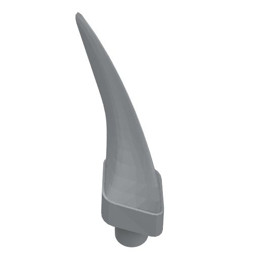 Gray LEGO part 87747, a medium curved barb, claw, horn, or tooth, with a flat rectangular base and a connector stud.