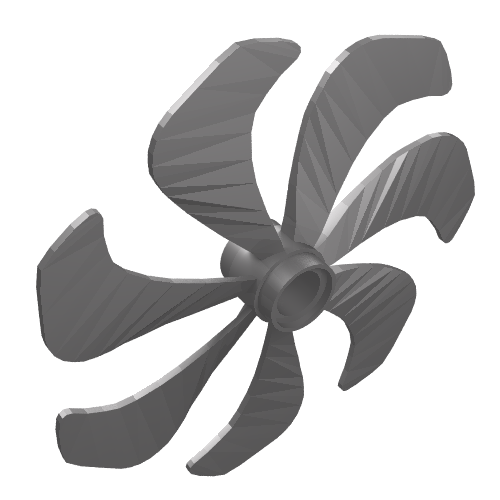 A grey 3D model of the LEGO 87751 Propeller 7 Blade 6 Diameter, showing its seven curved blades and central hub.