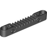 Dark gray LEGO Technic Gear Rack 1x7 with 7 teeth, an axle hole at one end, and a pin hole at the other.