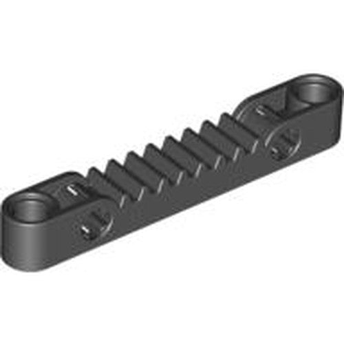 Dark gray LEGO Technic Gear Rack 1x7 with 7 teeth, an axle hole at one end, and a pin hole at the other.