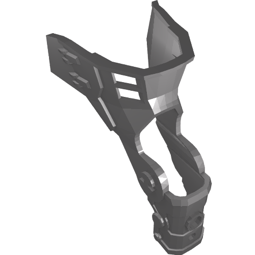 A dark gray LEGO Hero Factory Leg Guard part, 87798, shown from an angled perspective, featuring hexagonal details and multiple connection points.