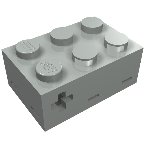 Light gray LEGO 879 Electric Touch Sensor brick with 6 studs on top, side slots, and a cross-shaped hole.