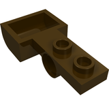 Dark brown LEGO Plate, Modified 1 x 2 with Pin Hole and Bucket (Catapult), viewed at an angle on white background.