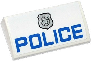 A white LEGO curved 2x4 slope brick with a blue 'POLICE' text and a silver star badge logo pattern.